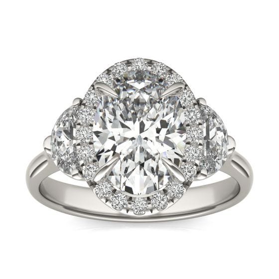 3 CTW Oval Caydia Lab Grown Diamond Halo Three Stone Ring 14K White Gold