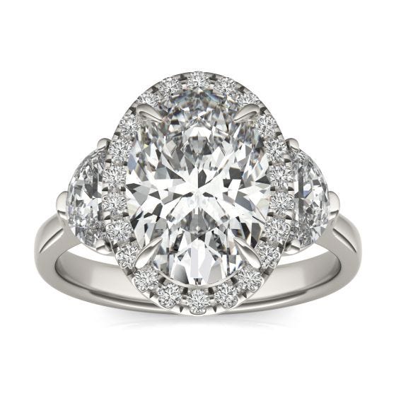 4 7/8 CTW Oval Caydia Lab Grown Diamond Halo with Half Moon Side Accents Ring 14K White Gold