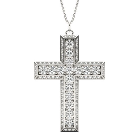 2 1/15 CTW Round Caydia Lab Grown Diamond Beveled Edge Men's Cross Necklace 14K White Gold