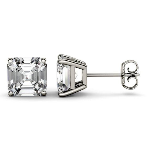 2.60 CTW DEW Asscher Forever One Moissanite Four Prong Solitaire Stud Earrings 14K White Gold