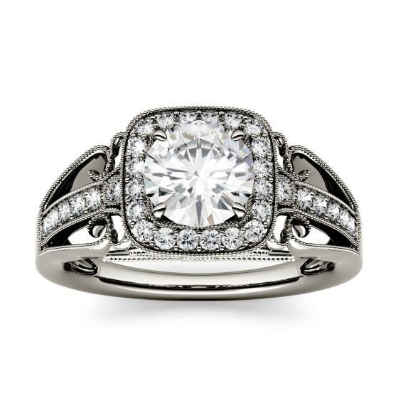 1.28 CTW DEW Round Forever One Moissanite Milgrain Halo with Side Accents Engagement Ring 14K White Gold