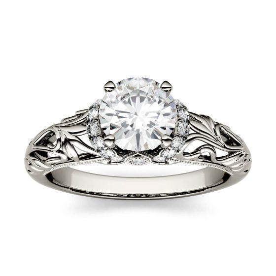 1.17 CTW DEW Round Forever One Moissanite Floral Band Solitaire with Side Accents Engagement Ring 14K White Gold