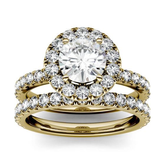 2.01 CTW DEW Round Forever One Moissanite Halo with Side Accents Bridal Ring 14K Yellow Gold