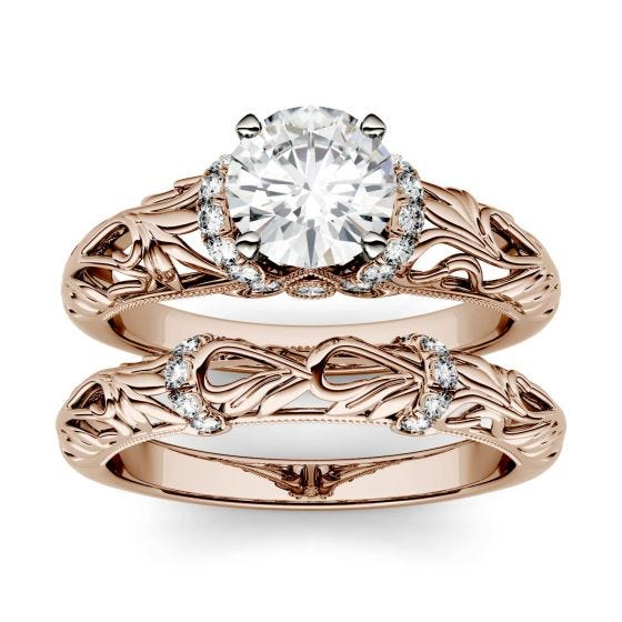 1.23 CTW DEW Round Forever One Moissanite Floral Band Solitaire with Side Accents Bridal Ring 14K Rose Gold