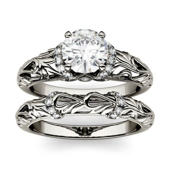 1.23 CTW DEW Round Forever One Moissanite Floral Band Solitaire with Side Accents Bridal Ring 14K White Gold