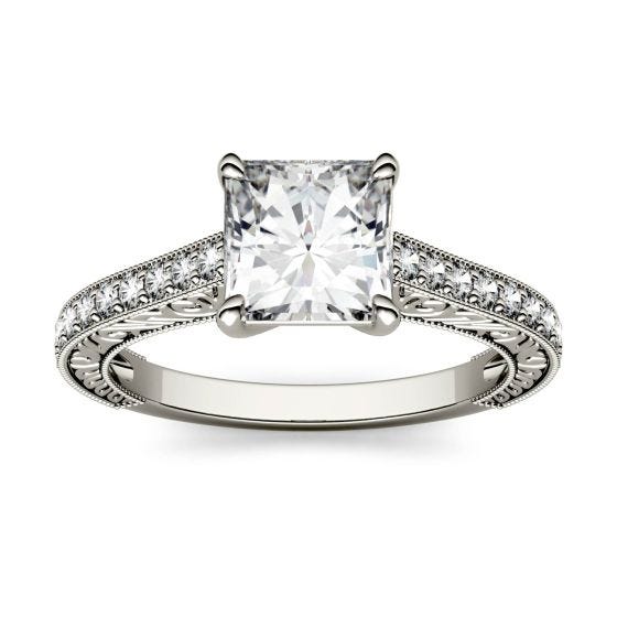 1.74 CTW DEW Square Forever One Moissanite Side Stone with Scrollwork Ring 14K White Gold
