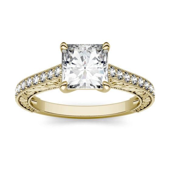 0.91 CTW DEW Square Forever One Moissanite Side Stone with Scrollwork Ring 14K Yellow Gold