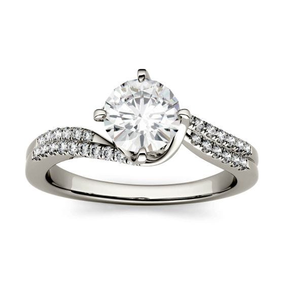 1.23 CTW DEW Round Forever One Moissanite Bypass Solitaire with Side Accents Engagement Ring 14K White Gold