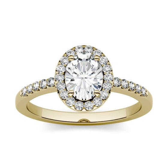1.74 CTW DEW Oval Forever One Moissanite Halo with Side Accents Engagement Ring 14K Yellow Gold