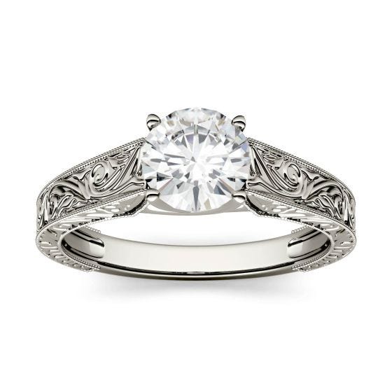 1.00 CTW DEW Round Forever One Moissanite Solitaire with Carved Band Engagement Ring 14K White Gold