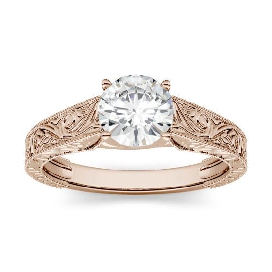 1.90 CTW DEW Round Forever One Moissanite Solitaire with Carved Band Engagement Ring 14K Rose Gold