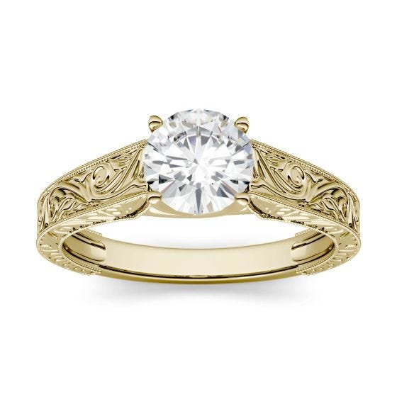 1.00 CTW DEW Round Forever One Moissanite Solitaire with Carved Band Engagement Ring 14K Yellow Gold