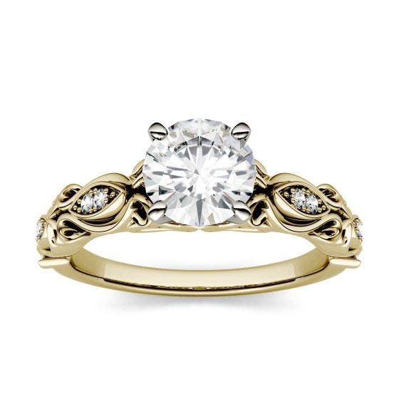 1.07 CTW DEW Round Forever One Moissanite Solitaire with Side Accents Engagement Ring 14K Yellow Gold