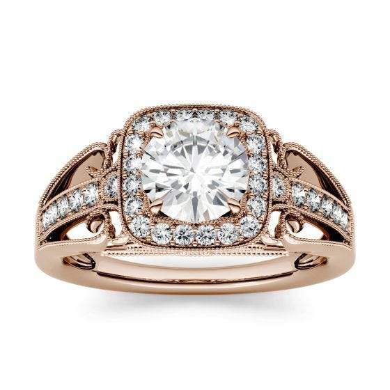 1.28 CTW DEW Round Forever One Moissanite Milgrain Halo with Side Accents Engagement Ring 14K Rose Gold