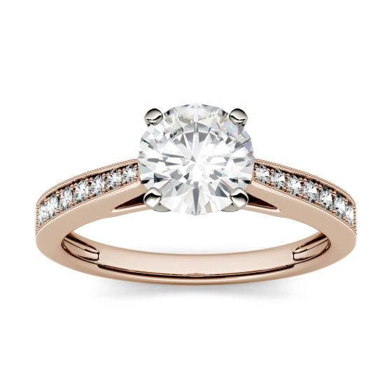1.66 CTW DEW Round Forever One Moissanite Milgrain Solitaire with Side Accents Engagement Ring 14K Rose Gold