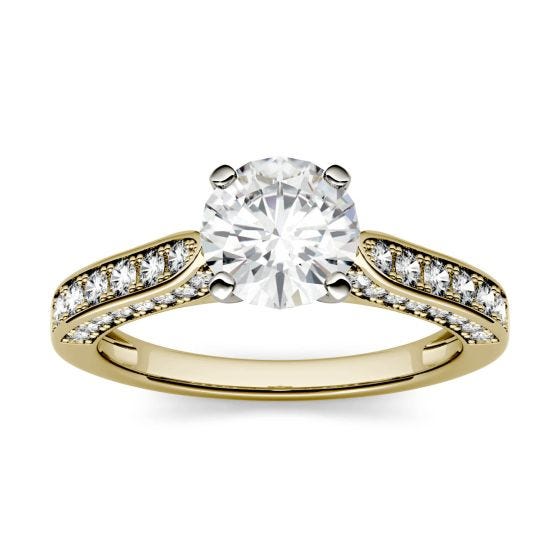 1.50 CTW DEW Round Forever One Moissanite Solitaire with Side Accents Engagement Ring 14K Yellow Gold