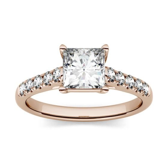 1.12 CTW DEW Square Forever One Moissanite Solitaire with Side Accents Ring 14K Rose Gold