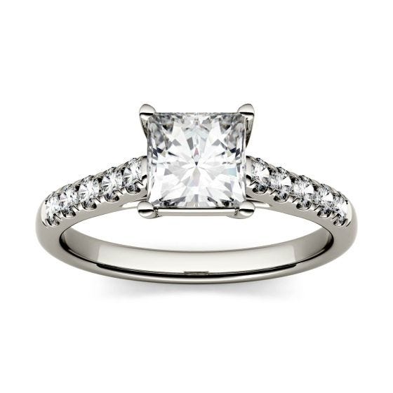 1.92 CTW DEW Square Forever One Moissanite Solitaire with Side Accents Engagement Ring 14K White Gold