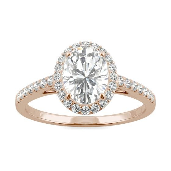 1.77 CTW DEW Oval Forever One Moissanite Halo with Side Accents Engagement Ring 14K Rose Gold