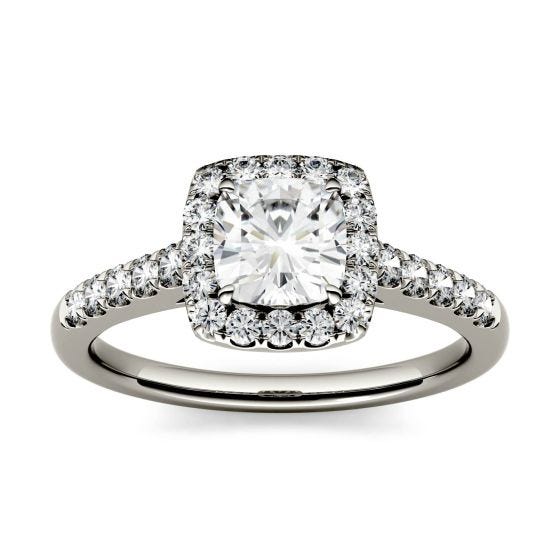 1.66 CTW DEW Cushion Forever One Moissanite Halo with Side Accents Engagement Ring 14K White Gold