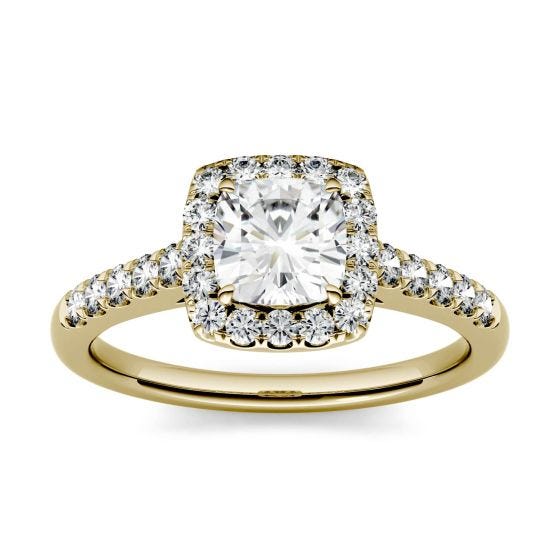 1.16 CTW DEW Cushion Forever One Moissanite Halo with Side Accents Engagement Ring 14K Yellow Gold