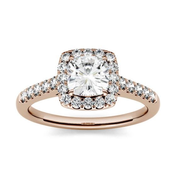 Lovely 14K Rose Gold 1 Carat Cushion Cut Moissanite with Accents Halo Ring 