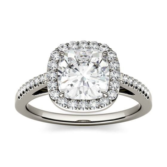 1.97 CTW DEW Cushion Forever One Moissanite Halo with Side Accents Engagement Ring 14K White Gold