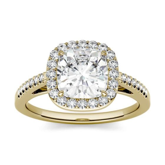 1.37 CTW DEW Cushion Forever One Moissanite Halo with Side Accents Engagement Ring 14K Yellow Gold