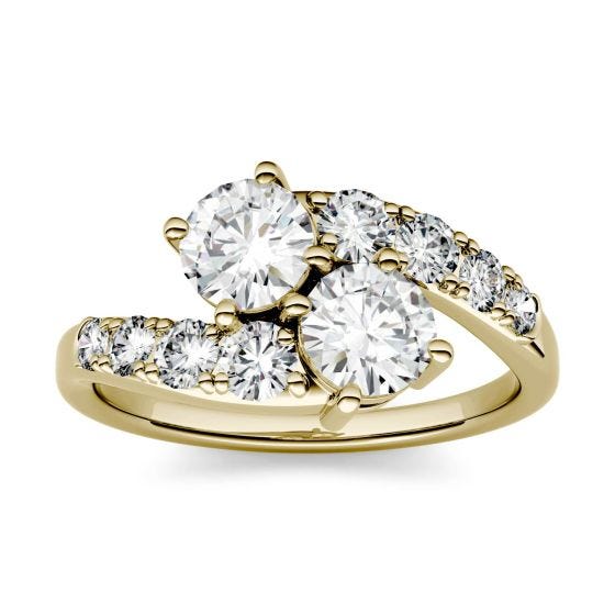 1.50 CTW DEW Round Forever One Moissanite Two Stone Bypass with Side Accents Ring 14K Yellow Gold