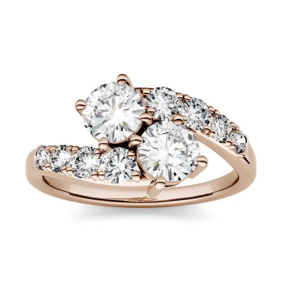 1.50 CTW DEW Round Forever One Moissanite Two Stone Bypass with Side Accents Ring 14K Rose Gold