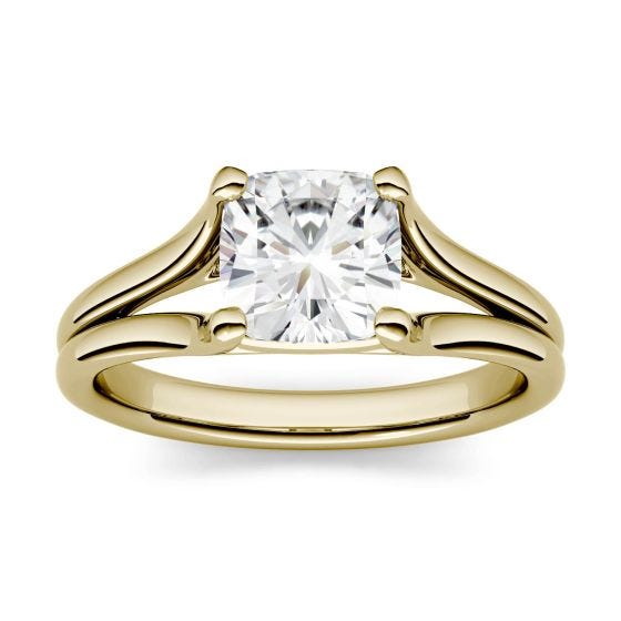 1.10 CTW DEW Cushion Forever One Moissanite Split Shank Solitaire Engagement Ring 14K Yellow Gold
