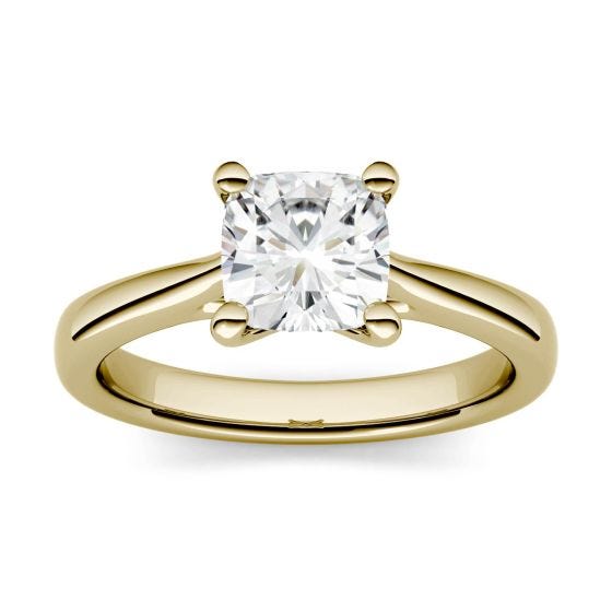 1.10 CTW DEW Cushion Forever One Moissanite Solitaire Engagement Ring 14K Yellow Gold