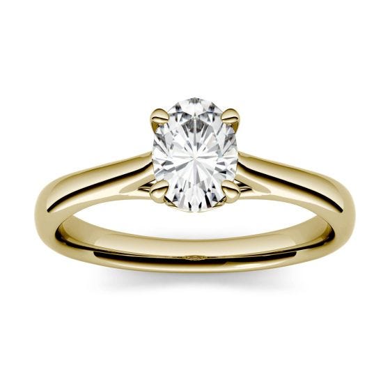 0.90 CTW DEW Oval Forever One Moissanite Four Prong Solitaire Engagement Ring 14K Yellow Gold