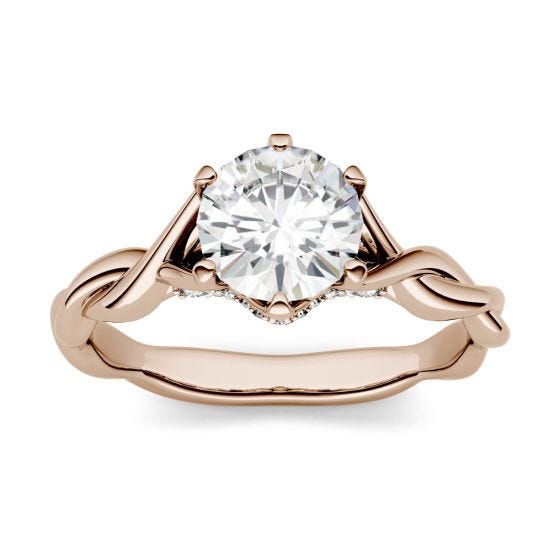 1.11 CTW DEW Round Forever One Moissanite Twisted Band Solitaire with Side Accents Engagement Ring 14K Rose Gold