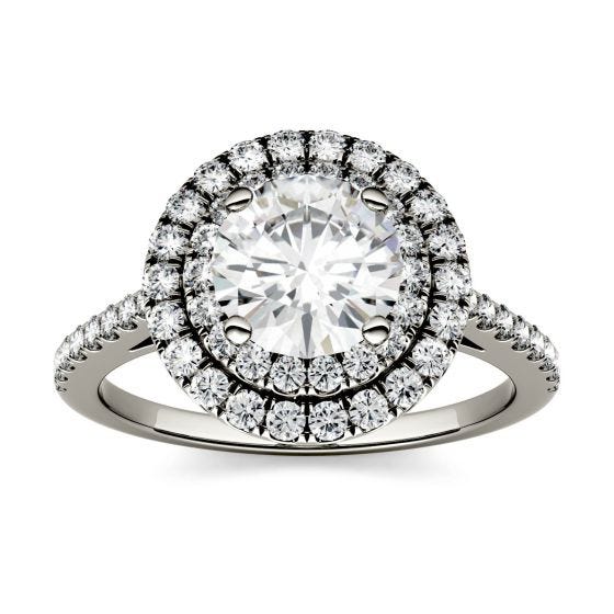 1.27 CTW DEW Round Forever One Moissanite Halo with Side Accents Ring 14K White Gold