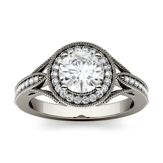 1.23 CTW DEW Round Forever One Moissanite Milgrain Halo with Side Accents Engagement Ring 14K White Gold