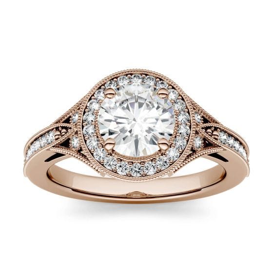 1.25 CTW DEW Round Forever One Moissanite Milgrain Halo with Side Accents Engagement Ring 14K Rose Gold