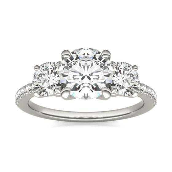 2.14 CTW DEW Round Forever One Moissanite Three Stone with Side Accents Ring 14K White Gold