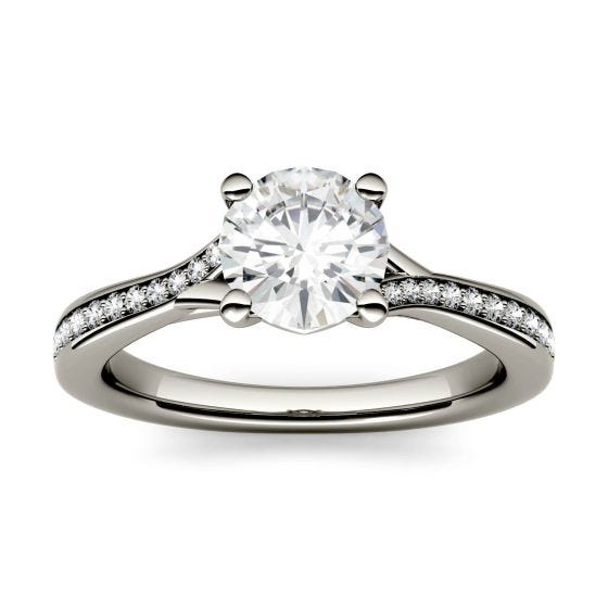 1.13 CTW DEW Round Forever One Moissanite Solitaire with Side Accents Engagement Ring 14K White Gold