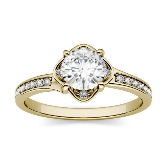 0.59 CTW DEW Round Forever One Moissanite Floral Solitaire with Side Accents Engagement Ring 14K Yellow Gold