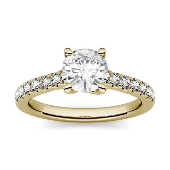 1.28 CTW DEW Round Forever One Moissanite Solitaire with Side Accents Engagement Ring 14K Yellow Gold