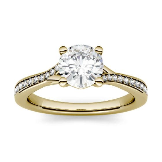 1.13 CTW DEW Round Forever One Moissanite Solitaire with Side Accents Engagement Ring 14K Yellow Gold