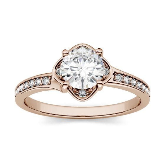 0.59 CTW DEW Round Forever One Moissanite Floral Solitaire with Side Accents Engagement Ring 14K Rose Gold