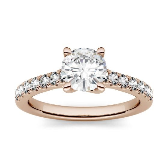 1.28 CTW DEW Round Forever One Moissanite Solitaire with Side Accents Engagement Ring 14K Rose Gold