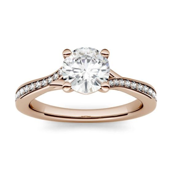 1.13 CTW DEW Round Forever One Moissanite Solitaire with Side Accents Engagement Ring 14K Rose Gold