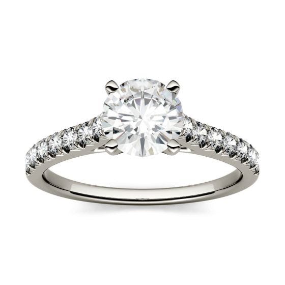 1.81 CTW DEW Round Forever One Moissanite Solitaire with Side Accents Engagement Ring 14K White Gold