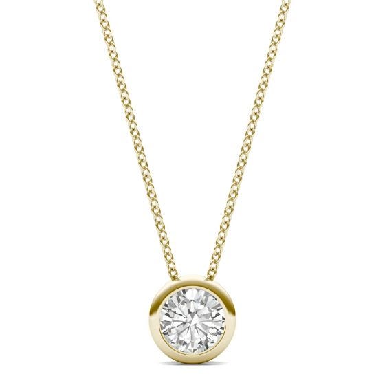 0.50 CTW DEW Round Forever One Moissanite Bezel Set Solitaire Pendant Necklace 14K Yellow Gold