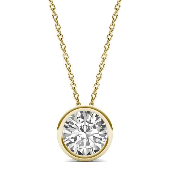 1.50 CTW DEW Round Forever One Moissanite Bezel Set Solitaire Pendant Necklace 14K Yellow Gold