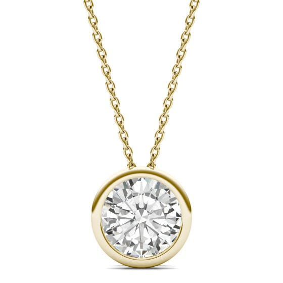 1.90 CTW DEW Round Forever One Moissanite Bezel Set Solitaire Pendant Necklace 14K Yellow Gold