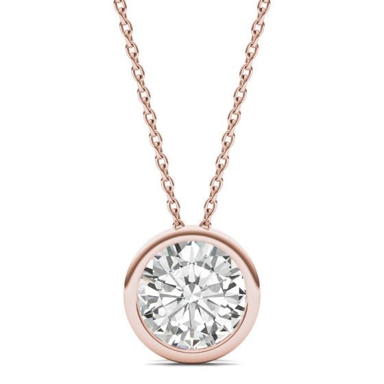 1.90 CTW DEW Round Forever One Moissanite Bezel Set Solitaire Pendant Necklace 14K Rose Gold